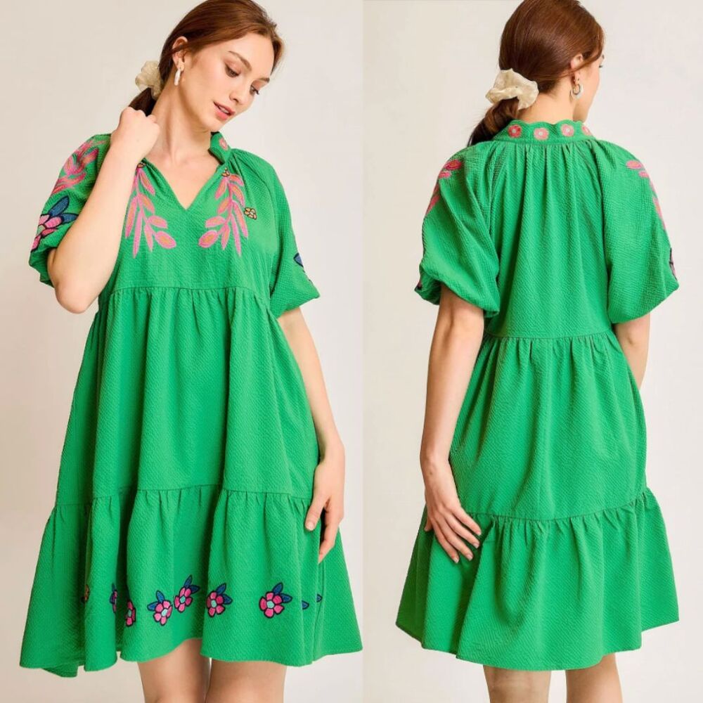 UMGEE Green Embroidered Floral Puff Sleeve‎ Dress Size Large NWT